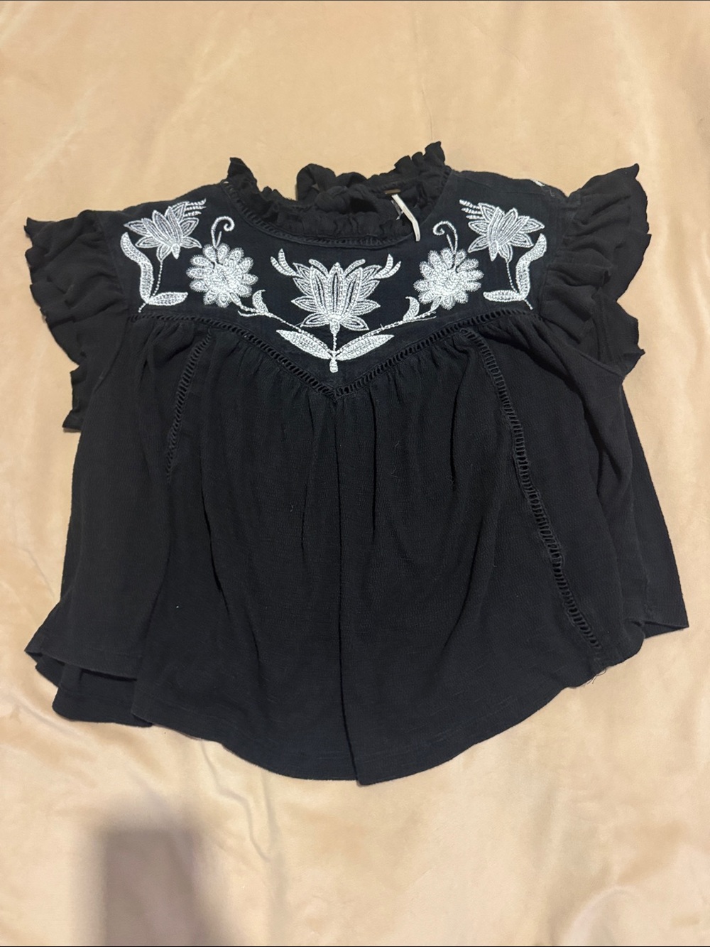 Free People Black Flutter Sleeve Embroidered Top
